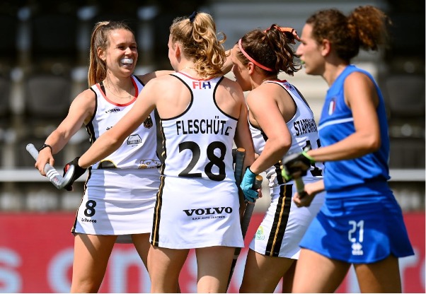 Germany celebrate during the 2021 EuroHockey Championships. Pic: Frank Uijlenbroek/World Sport Pics[
